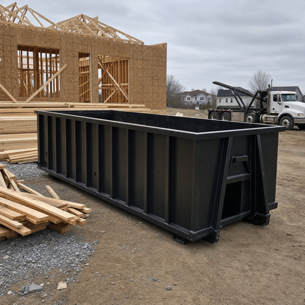 Matte-black 40-yard roll-off dumpster staged on a framed-out residential construction site in Chino, framing lumber stacked nearby, hooklift delivery truck visible in the background under bright Colorado daylight