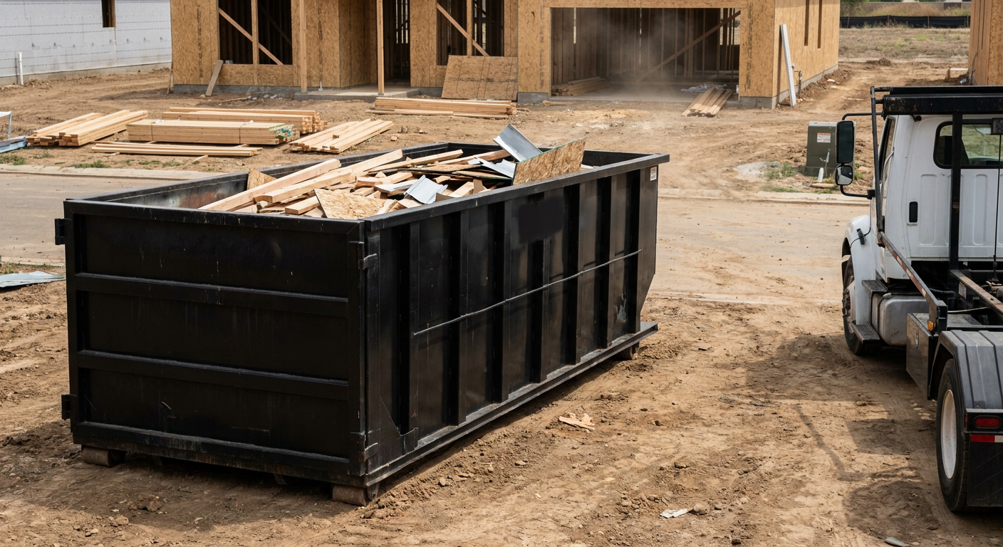 Matte-black 20-yard roll-off construction dumpster with heavy ribbed steel sidewalls and swing rear doors at a working jobsite in Chino, sitting directly on compacted dirt with an unmarked white hauler partially visible at the far edge of the frame.