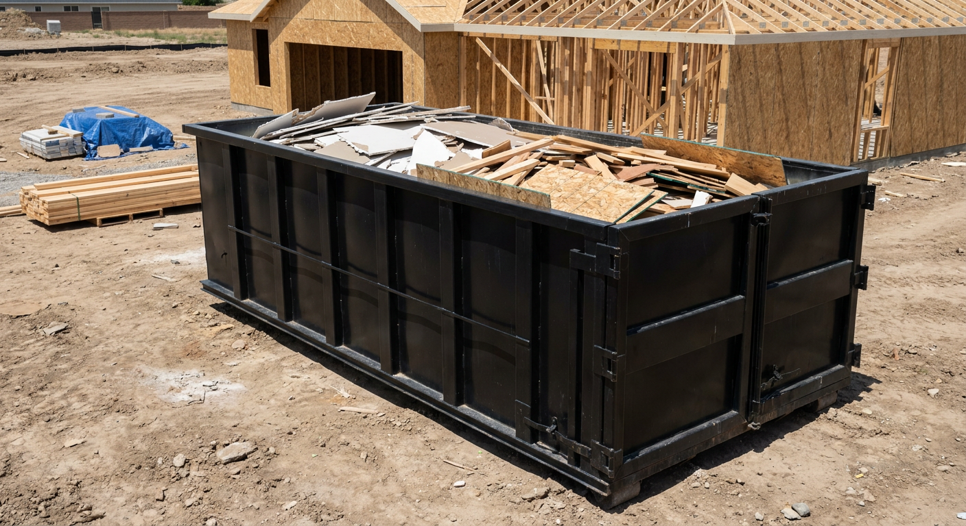 Matte-black 30-yard roll-off construction dumpster sitting directly on the compacted-dirt site of a framed single-family home build in Chino, drywall and lumber scrap loaded inside.