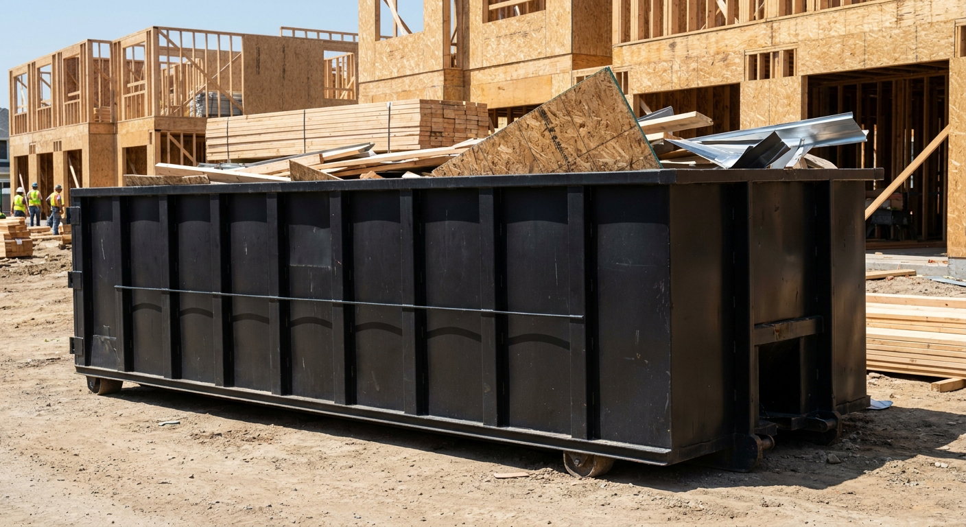 Matte-black 40-yard roll-off construction dumpster being lowered from a white-cab hooklift delivery truck onto the compacted-dirt jobsite at a commercial build site in Chino