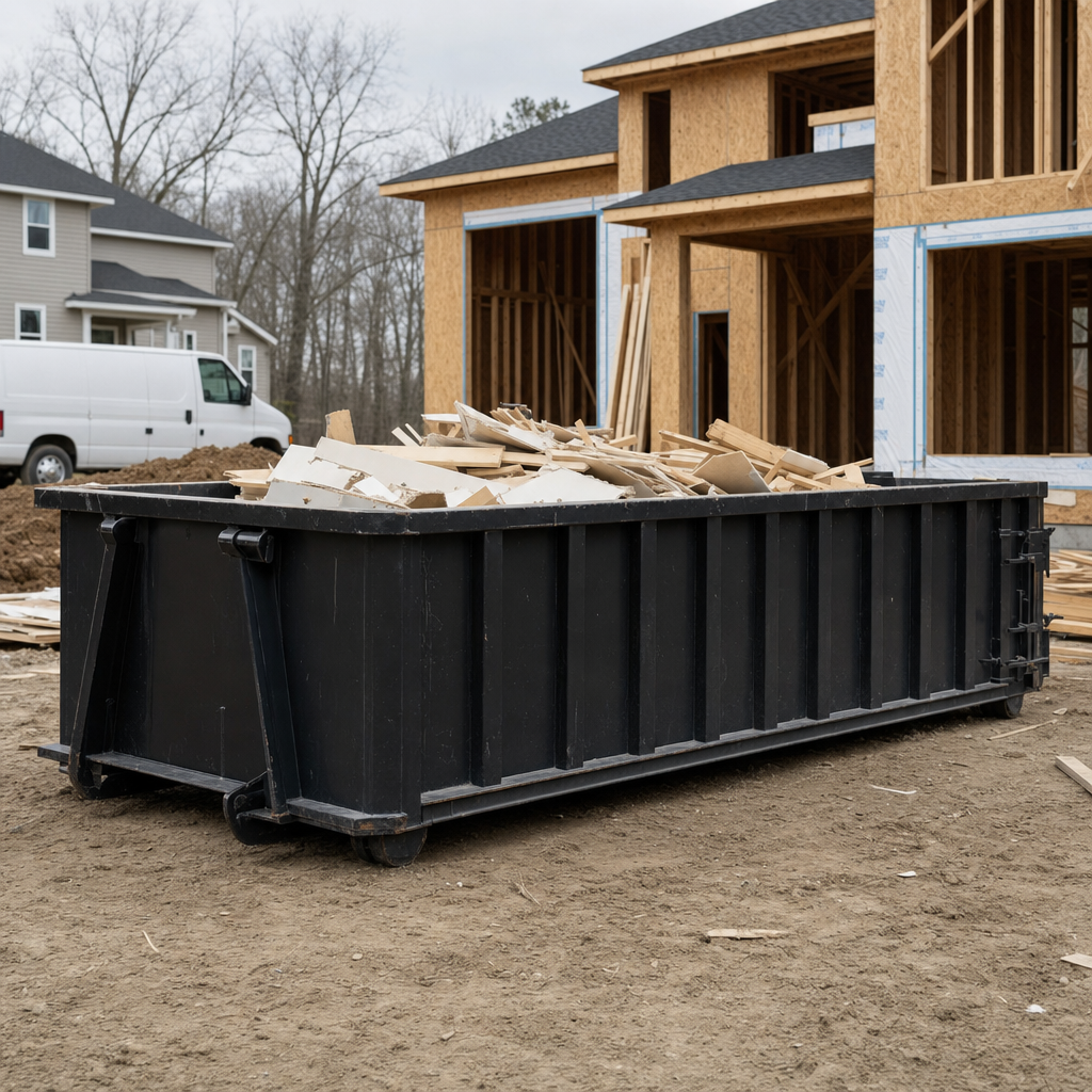 Worker in a yellow high-visibility vest tossing framing lumber and broken drywall into a matte-black 30-yard construction roll-off dumpster on an active build site in Chino, bright daylight
