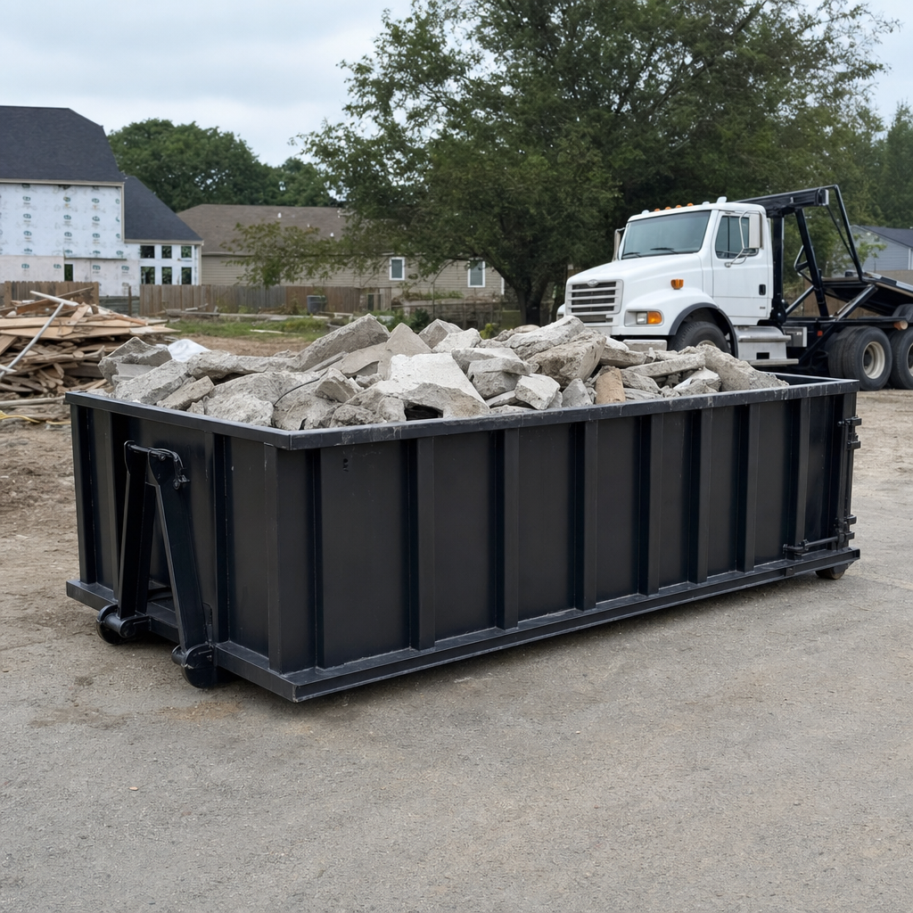 Low-profile matte-black lowboy roll-off dumpster loaded with broken concrete slab and rebar at a foundation tear-out in Chino, skid steer parked beside it, sunny Colorado morning