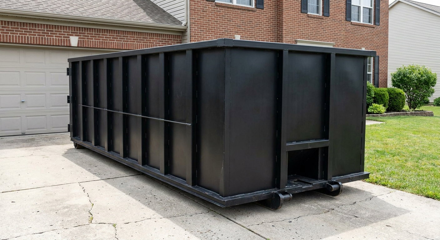 Matte-black 20-yard roll-off container on a Chino residential concrete driveway with reinforced ribbed steel sidewalls and a hinged rear walk-in door, clean bright daylight.