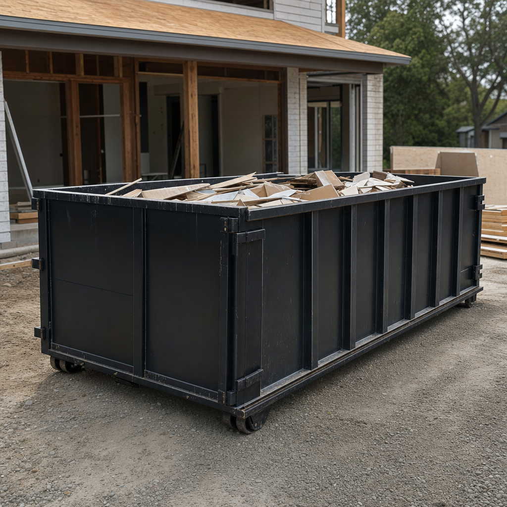 Large matte-black 30-yard construction roll-off dumpster at an active Chino jobsite, steel-gray top rails and bottom rollers visible, loaded with construction debris.