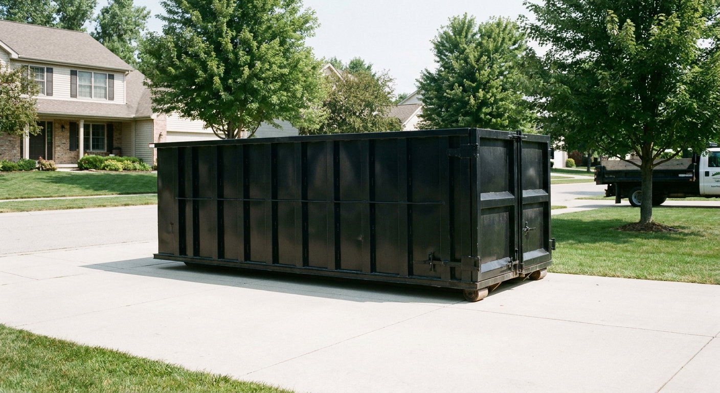 Matte-black 20-yard roll-off dumpster sitting level on a clean Chino residential concrete driveway under bright daylight, demonstrating clean placement directly on the concrete.