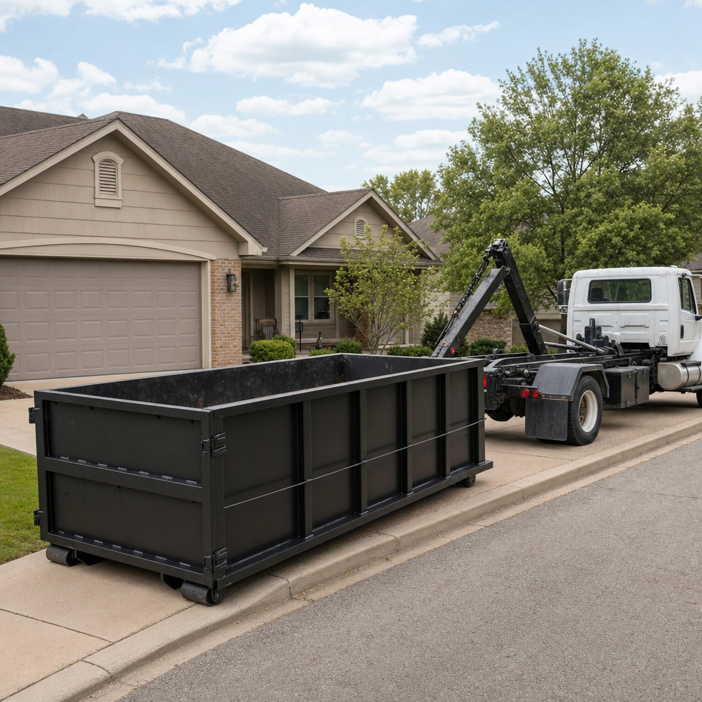 Wide documentary shot of a matte-black roll-off dumpster on a Chino residential driveway in the foreground and a contractor jobsite container in the soft-focus background, bright daylight, calm and orderly composition.