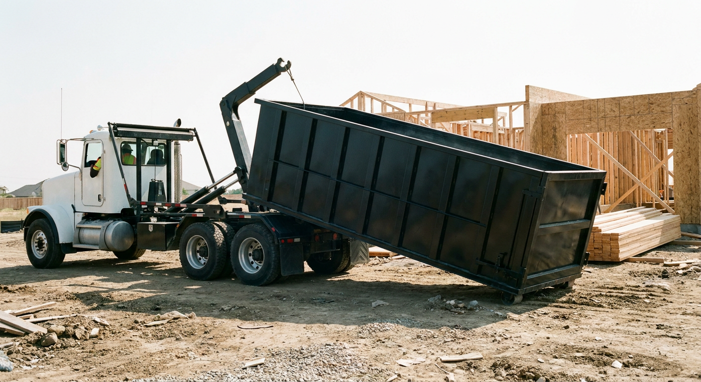 Matte-black roll-off dumpster being delivered onto a clean residential concrete driveway in Chino by an unmarked white hooklift hauler truck, bright morning daylight, documentary 35mm perspective.