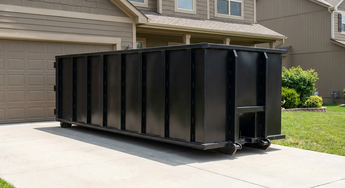 Matte-black residential roll-off dumpster sitting directly on a suburban Chino concrete driveway, garage door closed, single-family home in background, bright morning daylight.