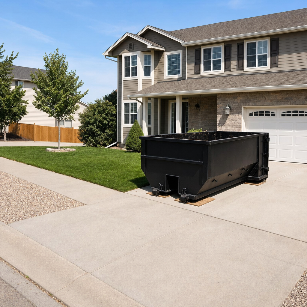 10-yard matte-black residential dumpster placed directly on a narrow Chino concrete driveway, room remains for a parked sedan beside it, mid-morning natural light