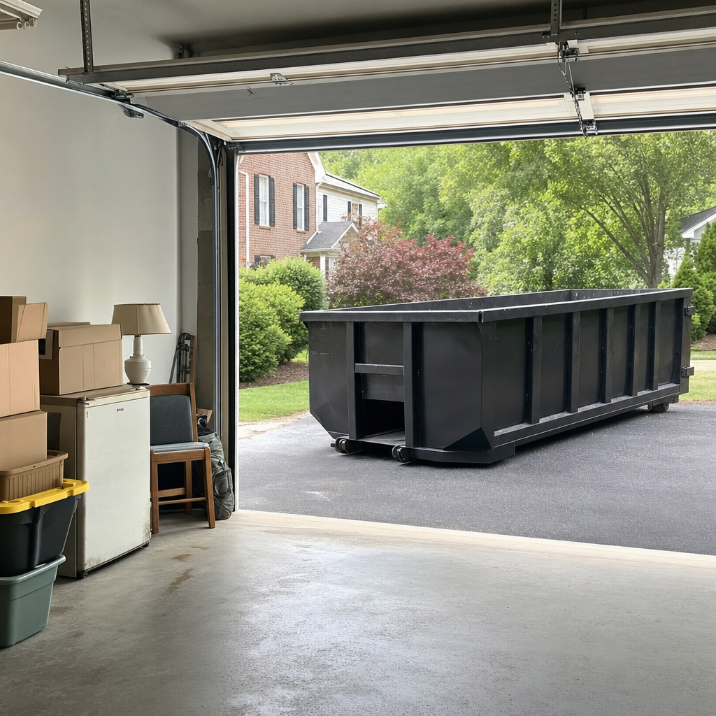 Open garage interior in a Chino home mid-cleanout — boxed items, an old appliance, and stacked yard tools queued near the driveway for a matte-black roll-off dumpster, organized and calm