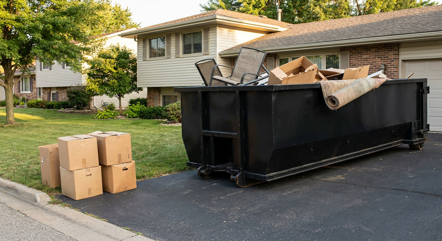 Front-yard view of a Chino split-level home with a 20-yard matte-black roll-off dumpster sitting directly on the asphalt driveway, a few clearly labeled donation boxes staged at the curb, calm sunny afternoon.