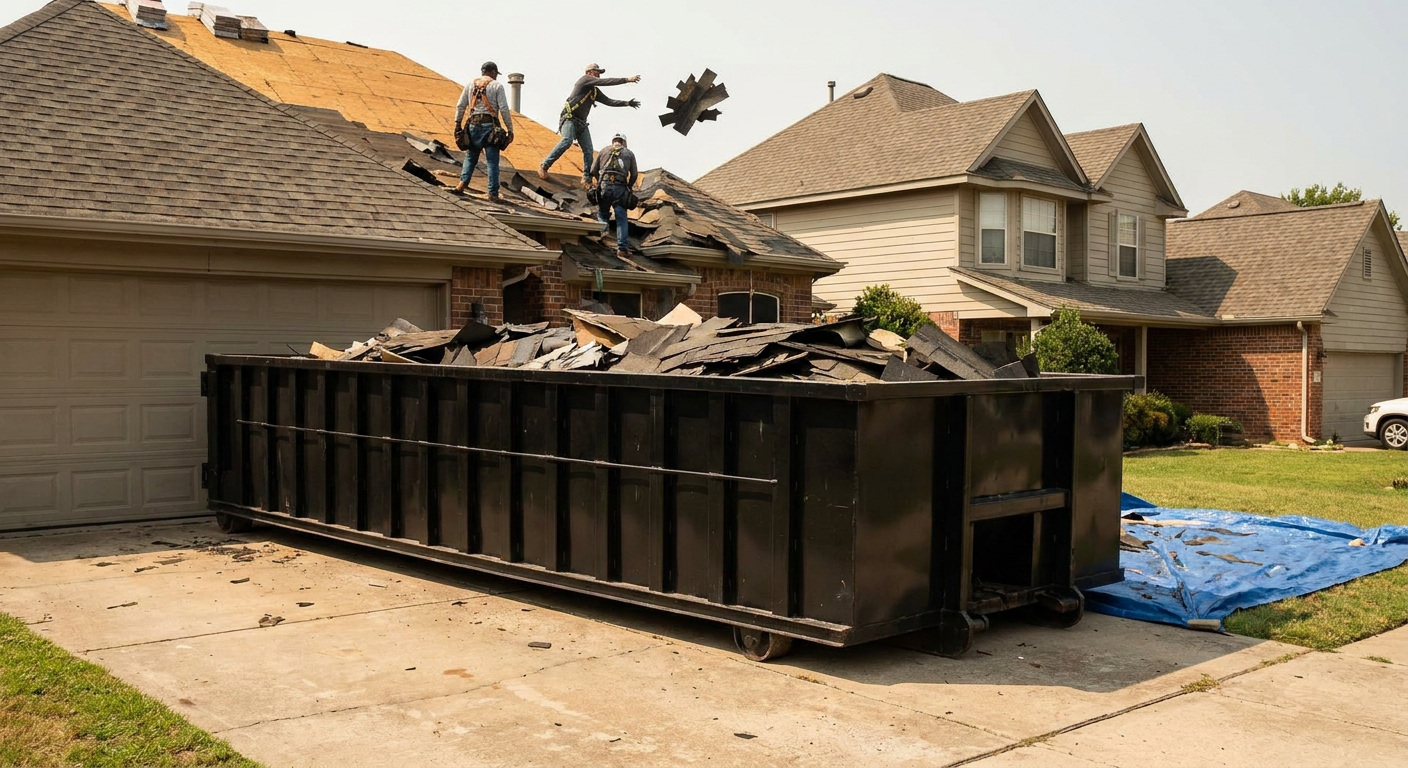 Matte-black roofing roll-off dumpster placed directly on a Chino residential concrete driveway, a tear-off crew on a two-story asphalt-shingle roof tossing shingle bundles into the low-walled container, bright daylight, documentary 35mm perspective.