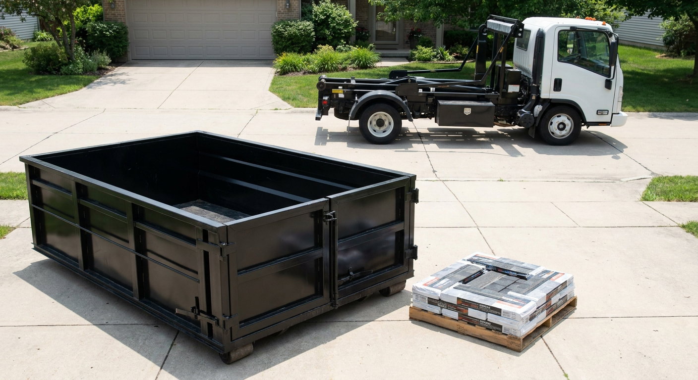 Matte-black 15-yard roofing roll-off dumpster with reinforced low side walls sitting directly on a Chino residential concrete driveway, three-tab asphalt shingle bundles stacked nearby, an unmarked white hauler truck partially visible at the edge of the frame.