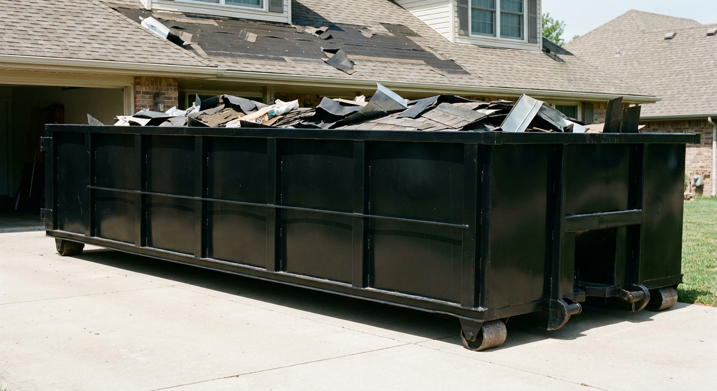 Matte-black 20-yard roofing roll-off dumpster with steel ribbed sides and swinging rear door, sitting directly on the concrete driveway of a two-story Chino home, asphalt shingle debris being loaded over the low wall, clean documentary lighting.