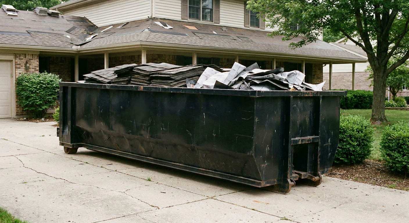 Matte-black 30-yard roofing roll-off dumpster sitting directly on a Chino concrete driveway, taller ribbed steel side panels, mixed tear-off debris of asphalt shingles and underlayment inside, professional documentary daylight.