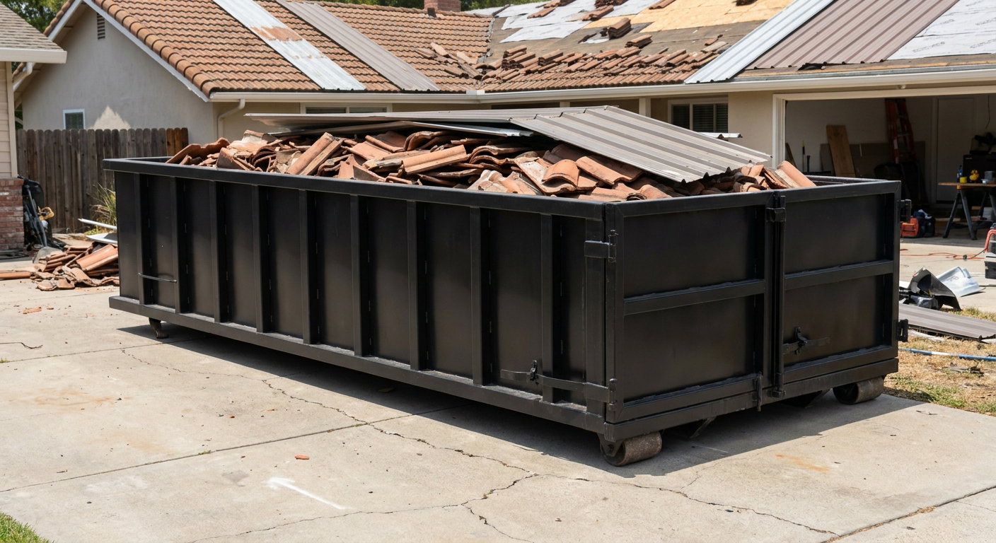 Matte-black low-wall heavy-debris roofing roll-off dumpster sitting directly on a Chino concrete driveway, broken concrete clay roof tiles and metal panel sections loaded inside, reinforced ribbed steel side walls visible, bright outdoor daylight.