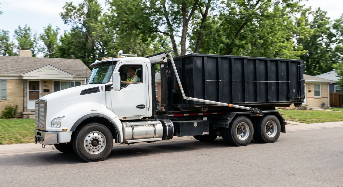 A wide documentary shot of a matte-black roll-off delivery truck pulling onto a quiet Chino residential street at mid-morning, with neighborhood rooftops and tree-lined blocks visible behind, showing the metro coverage footprint.