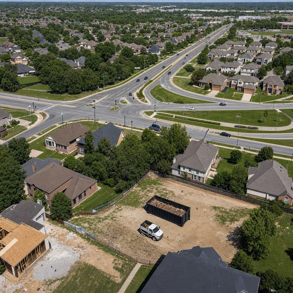 An overhead documentary view of the Chino metro area at midday, showing the spread of neighborhoods, arterial roads, and the dispatch radius from a central yard — clean daylight, organized geographic layout.