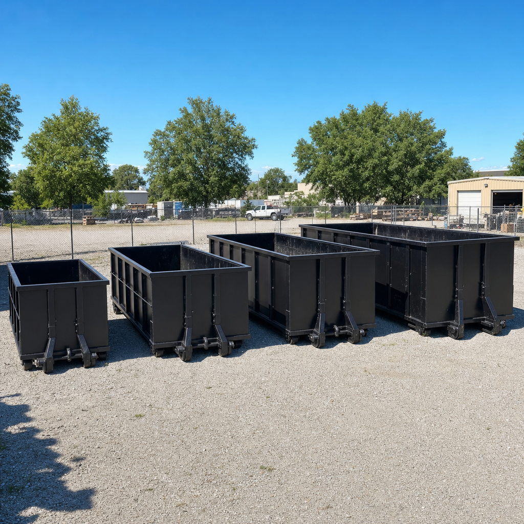 A clean lineup of matte-black roll-off dumpsters in 10, 20, 30, and 40-yard sizes staged on a sunlit gravel yard in Chino, showing the size progression from compact to commercial-scale containers.