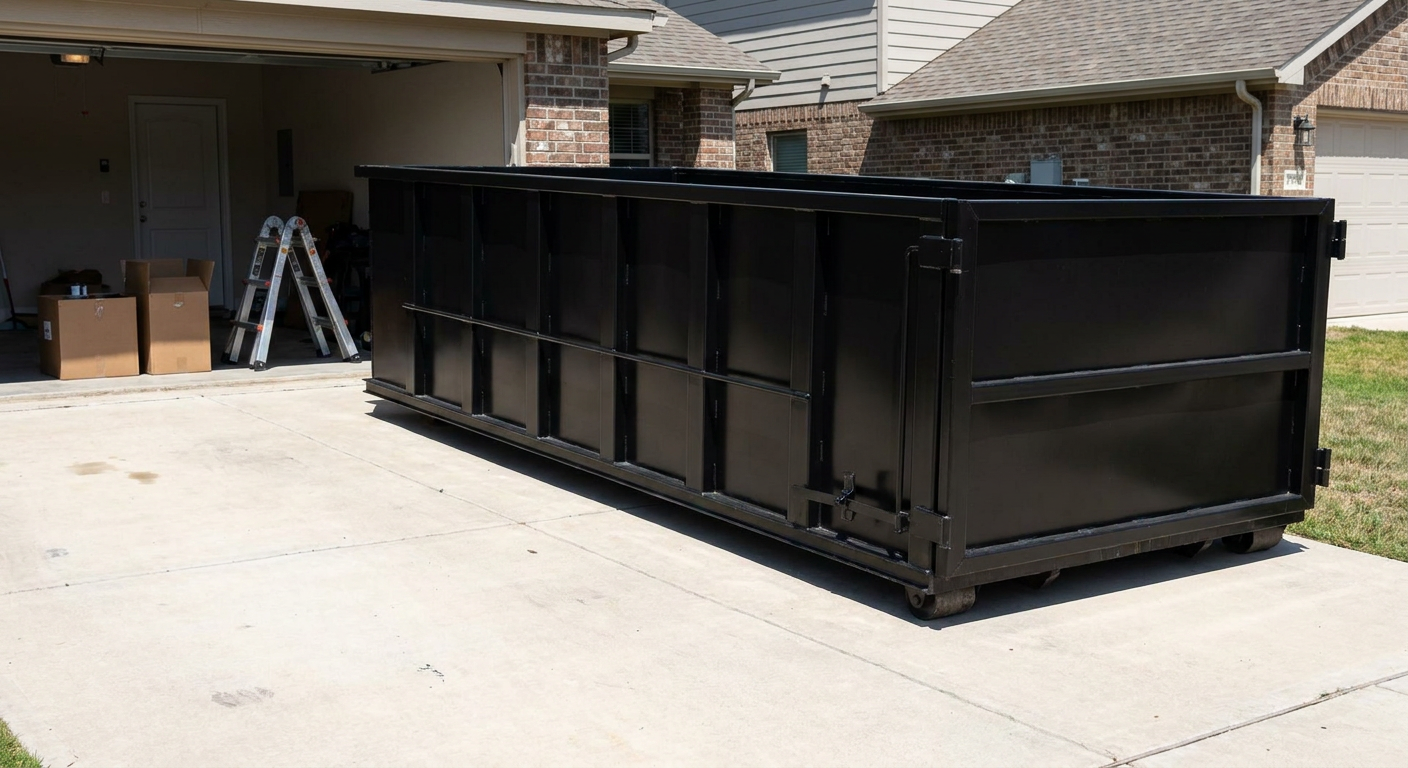 A matte-black 10-yard roll-off dumpster sitting directly on a residential Chino concrete driveway, mid-day sunlight, clean and ready for a garage cleanout.