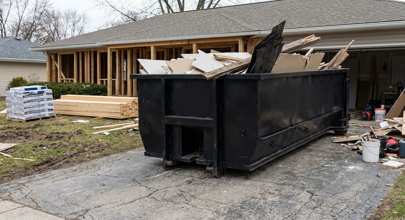 A matte-black 20-yard roll-off dumpster placed alongside a mid-renovation Chino home directly on the asphalt driveway, with framing materials and torn-off shingles staged neatly nearby.