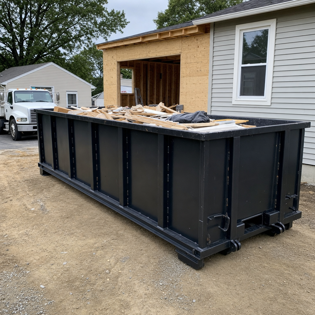 A matte-black 30-yard roll-off dumpster positioned at a Chino residential addition jobsite, with framing lumber and drywall scraps loaded through the open swinging rear doors.