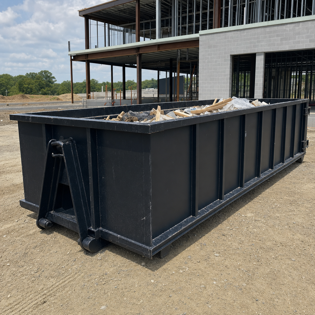 A matte-black 40-yard roll-off dumpster staged on a large Chino commercial construction lot, with a hooklift delivery truck parked alongside under bright midday sky.