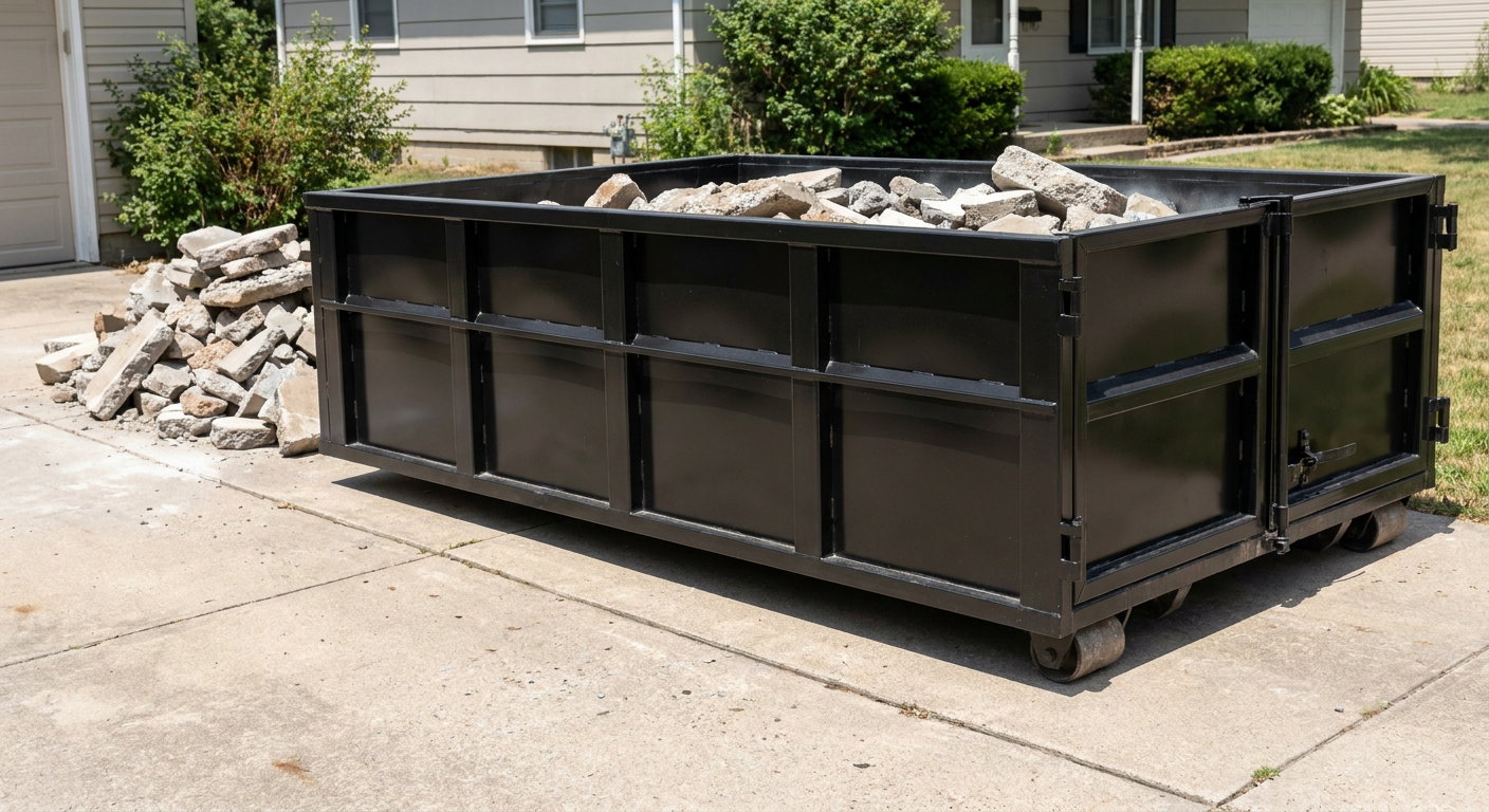 A matte-black low-side heavy-debris roll-off dumpster placed directly on a Chino concrete driveway, with broken concrete chunks neatly stacked beside it under clean daylight.